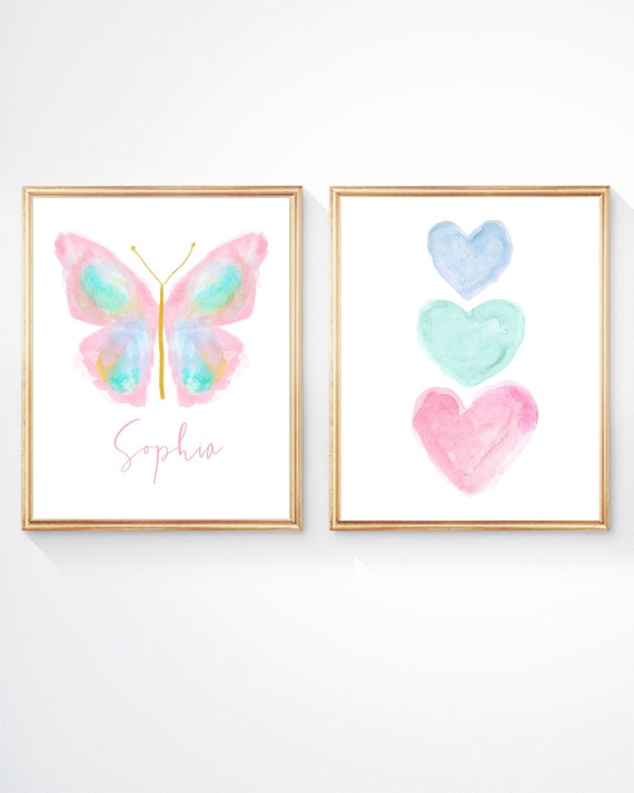 Pastel Butterfly Prints, Print Set of 2 for Girls Bedroom Decor