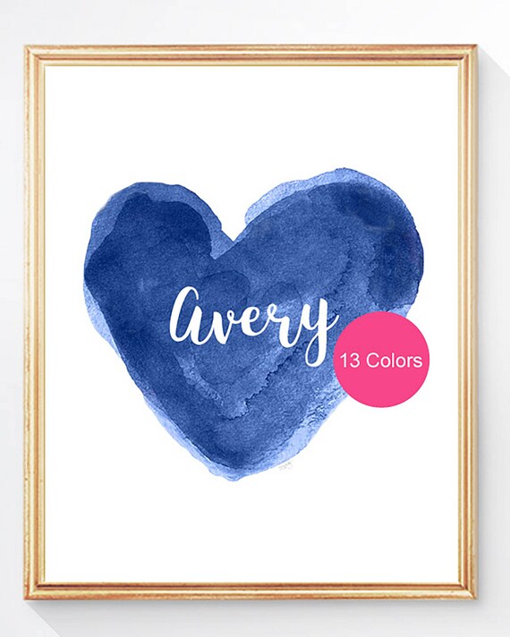 Navy Nursery Art, Personalized Watercolor Heart