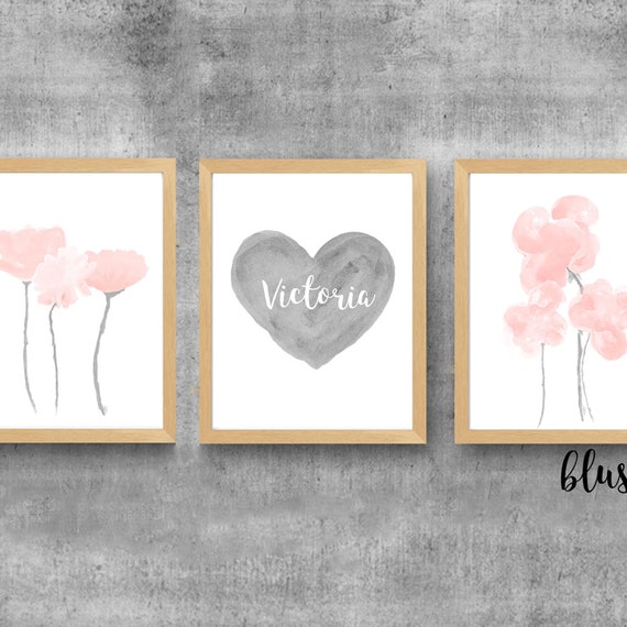 Gray and Blush Nursery Prints, Set of 3, Watercolor Flowers and Personalized Heart