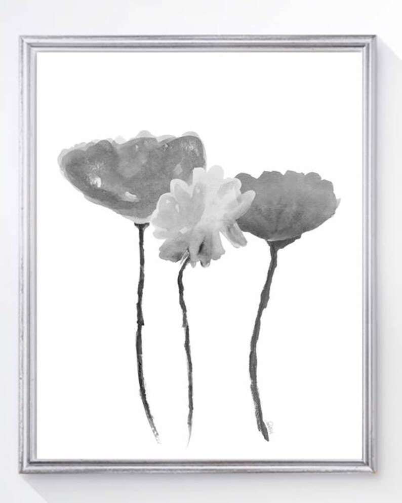 Gray Flower Prints Set of 3 Black Floral Prints Charcoal Etsy