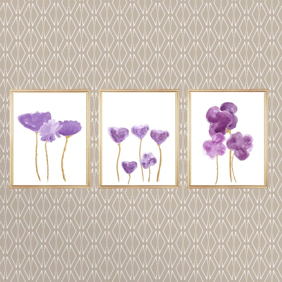 Plum and Gold Wall Decor, Set of 3 Flower Prints