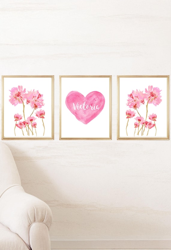 Pink Wildflower Prints with Personalized Heart for Girls Room, Set of 3