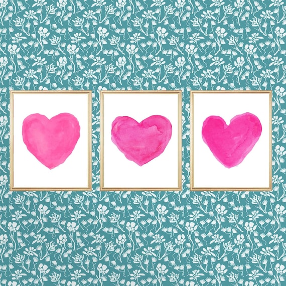 Hot Pink Girls Room, Set of 3 Heart Prints