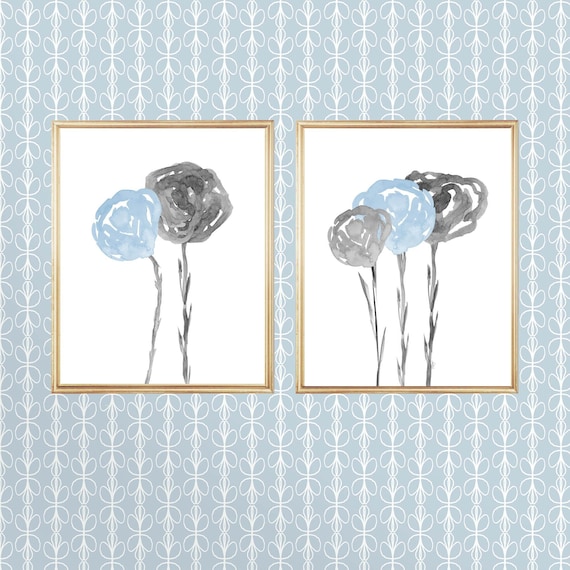 Blue and Gray Floral Wall Decor, Set of 2 Watercolor Print Set