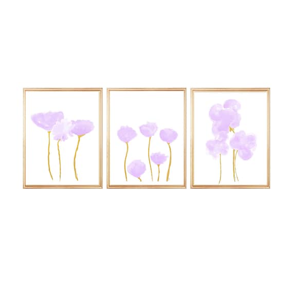 Lavender and Gold Flower Prints , Set of 3