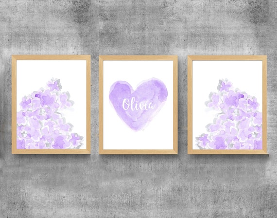 Lavender and Gray Flower Prints, Set of 3