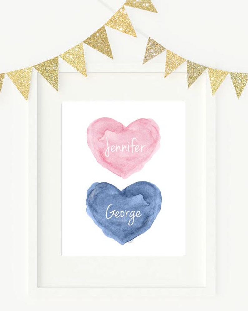 Boy Girl Name Wall Art, Brother Sister Print, Blush and Navy Nursery