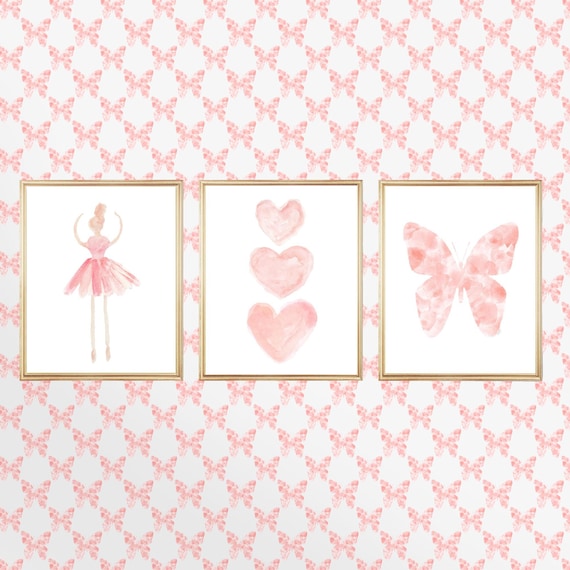 Blush Ballerina Wall Art, 8x10 or 11x14 Set of 3 Prints with Hearts and Butterfly