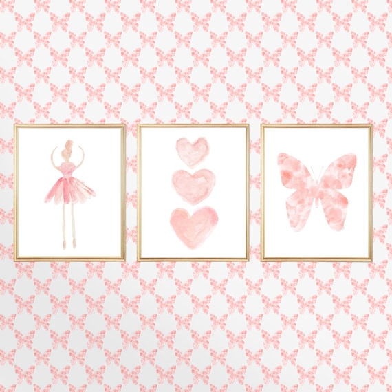 Blush Ballerina Wall Art, 8x10 or 11x14 Set of 3 Prints with Hearts and Butterfly