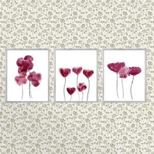 Pink Floral Wall Art, Pink Flower Prints, Pink Botanical Prints, Pink Wall Art, Set of 3, Botanical Triptych, Light Pink Floral Print Wine/Gray Stems