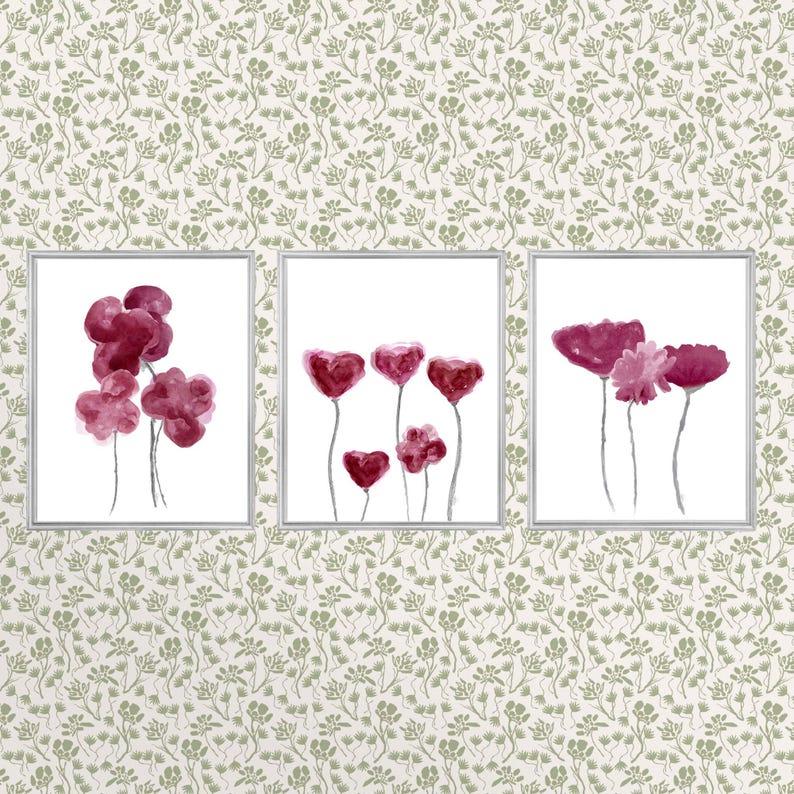 Pink Floral Wall Art, Pink Flower Prints, Pink Botanical Prints, Pink Wall Art, Set of 3, Botanical Triptych, Light Pink Floral Print Wine/Gray Stems