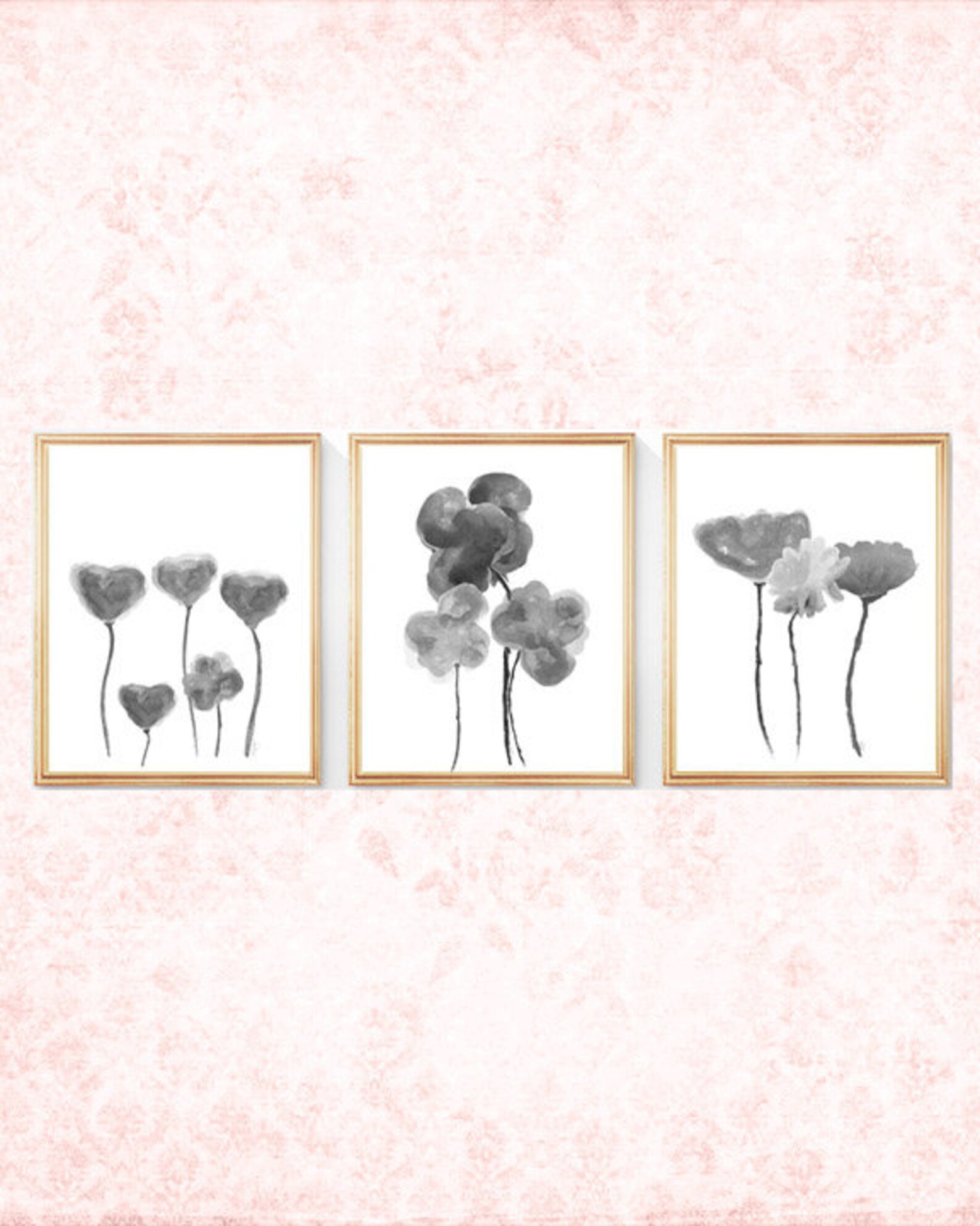 Gray Flower Prints Set of 3 Black Floral Prints Charcoal Etsy