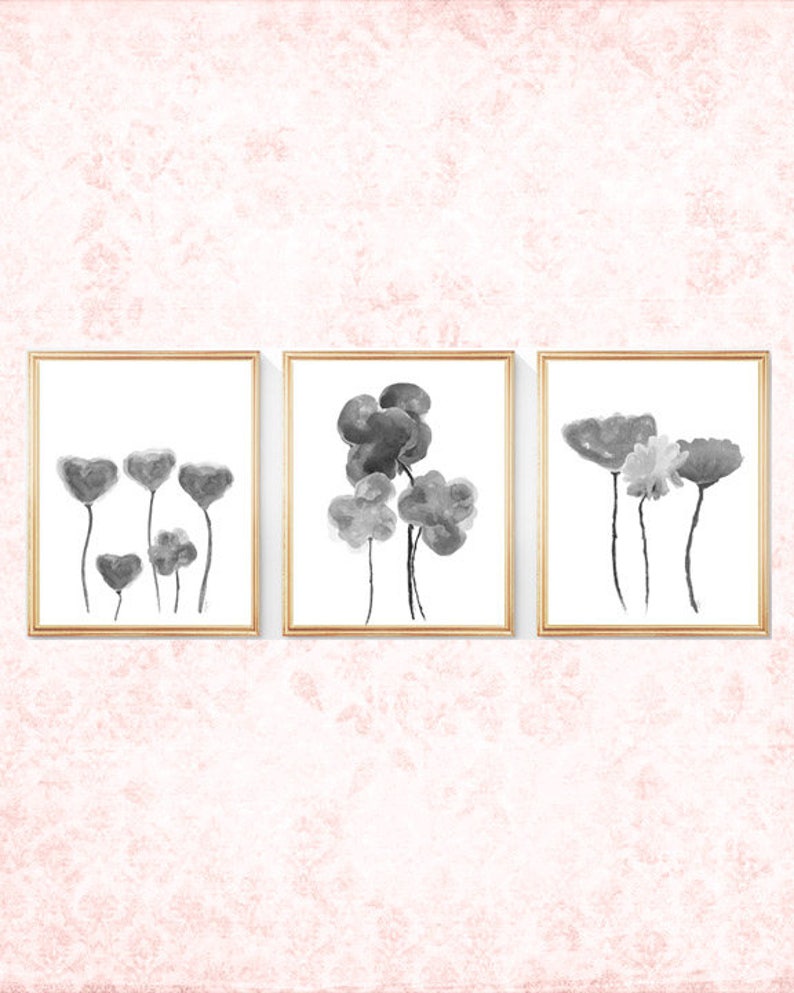 Gray Flower Prints Set of 3 Black Floral Prints Charcoal Etsy