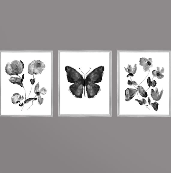 Black Wildflower Art Prints with Butterfly or Hearts