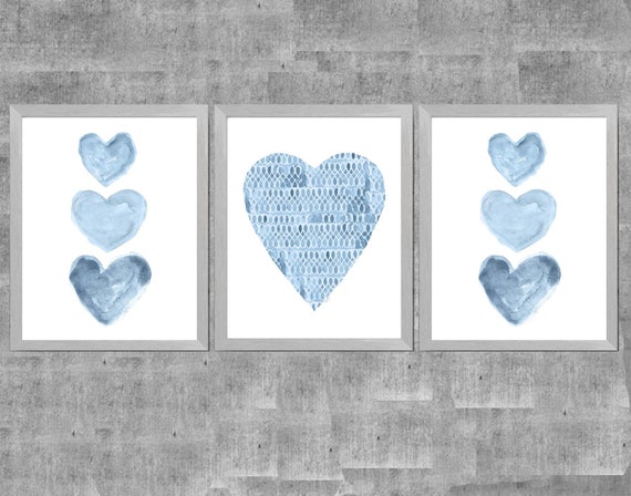 Blue Watercolor Heart Prints: Set of 3