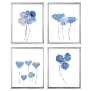 Blue Floral Wall Art Set of 4, Denim Blue Botanical Prints, Blue Flower Gallery Wall, Blue Office Decor, Blue Gray Home Art Collection