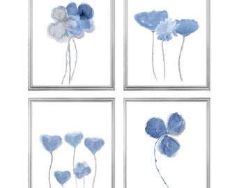 Blue Floral Artwork, Denim Blue Flowers Gallery Wall, Blue Botanical Gallery, Blue Flower Art, Blue Flowers, Blue Gray Decor, Set of 4