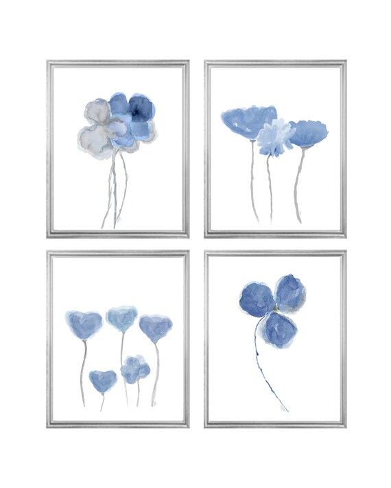 Denim Blue Botanical Gallery, Set of 4 Floral Prints