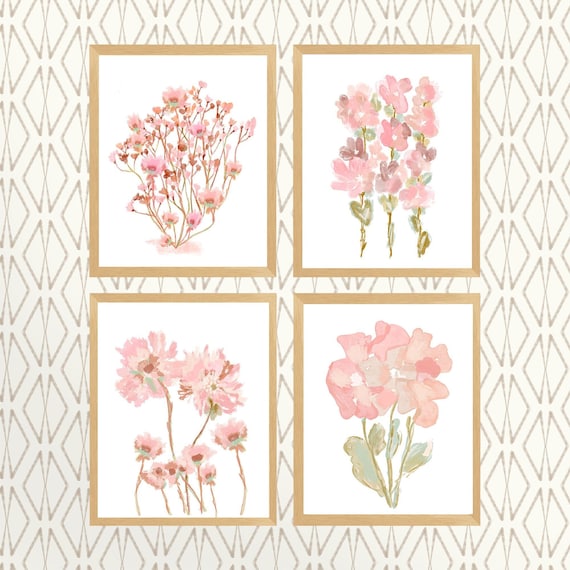 Blush Wildflower Gallery Prints; Set of 4 for Girls Cottage Bedroom