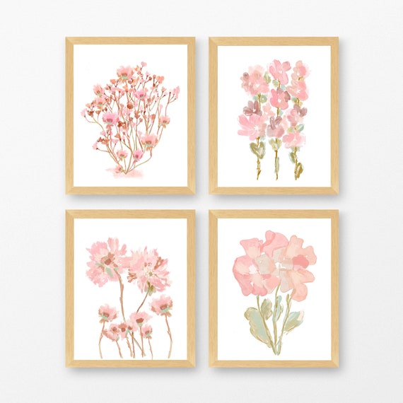 Blush Wildflower Gallery Prints;  Set of 4 for Girls Cottage Bedroom