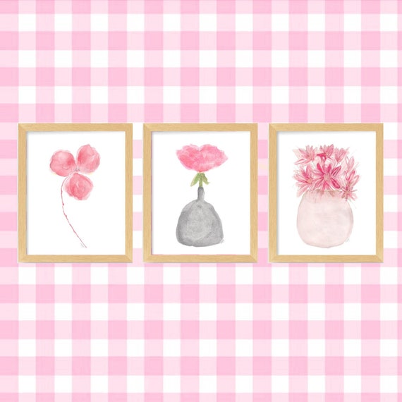 Pink Floral Print Set, 3-8x10 Watercolor Flowers