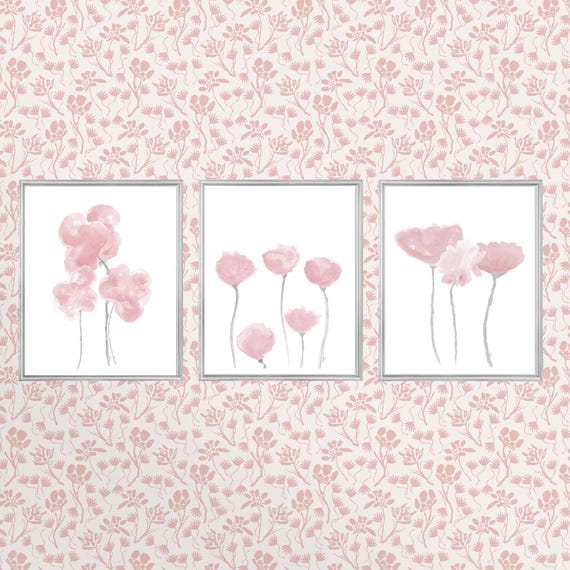 Dusty Rose Floral Watercolor Prints, Set of 3, Botanical Wall Art