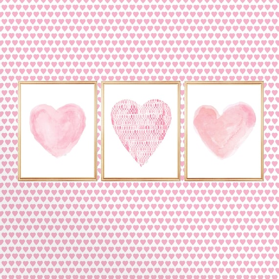 Pink Girls Wall Decor, Set of 3 Pink Watercolor Heart Prints