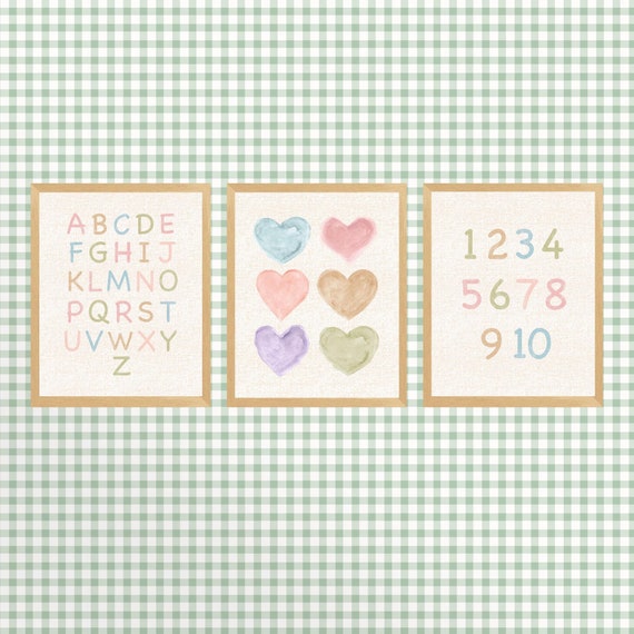 Dusty Pastel Nursery Prints for Girls, Hearts and ABC 123