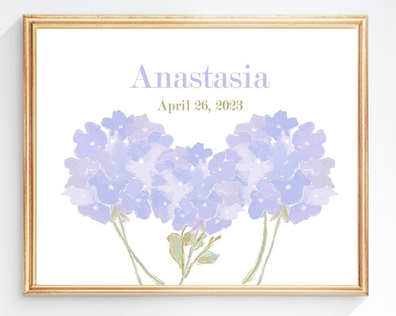 Hydrangea Print with Name and Date, Personalized Baby Girl Gift