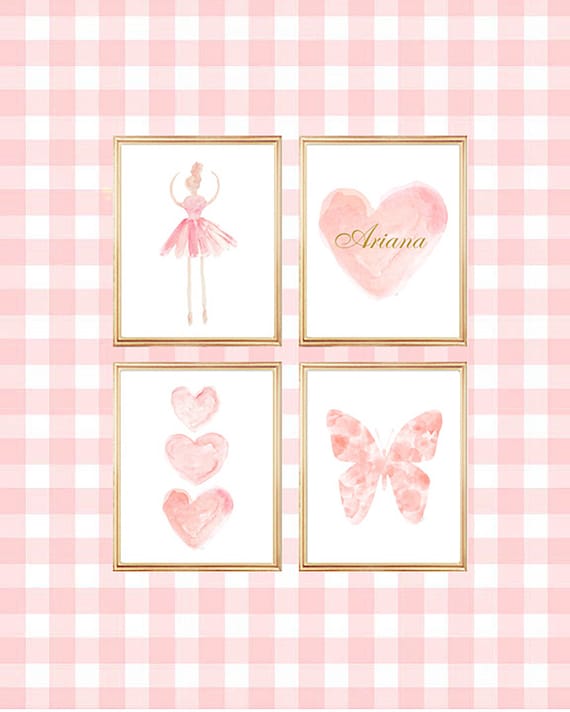 Blush Gallery Wall, Set of 4-8x10, Butterfly, Heart and Ballerina Watercolor Prints