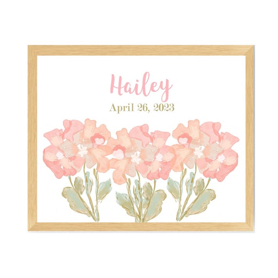 Blush Flower Print with Name and Date, Personalized Baby Girl Gift