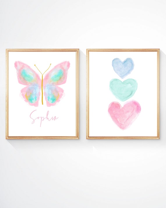 Pastel Butterfly Prints, Print Set of 2 for Girls Bedroom Decor