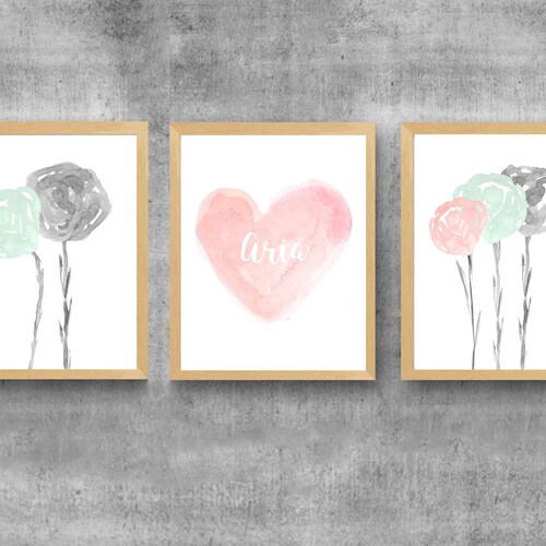 Pink and Mint and Gray Nursery Art Set of 2 Pastel Prints Etsy