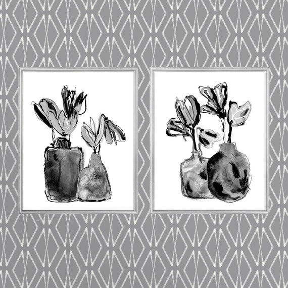 Black Flowers in Vase Still Life; Black and White Flowers Prints