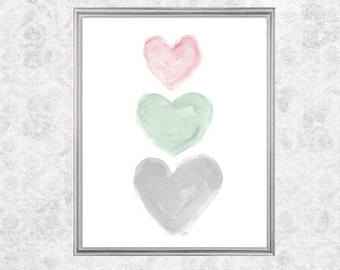 Pink, Mint and Gray Nursery, Pink and Mint Nursery Art, 8x10 Watercolor Print, Mint Decor, Pastel Nursery, Watercolor Nursery, Pastel Baby