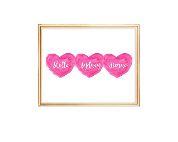 Girl Triplets Gift, Personalized Print with Names, 8x10