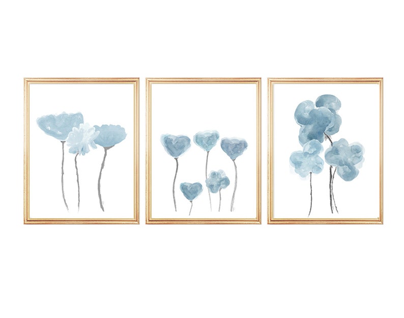 Blue Gray Wall Decor Set of 3 Watercolor Art Prints Blue Etsy