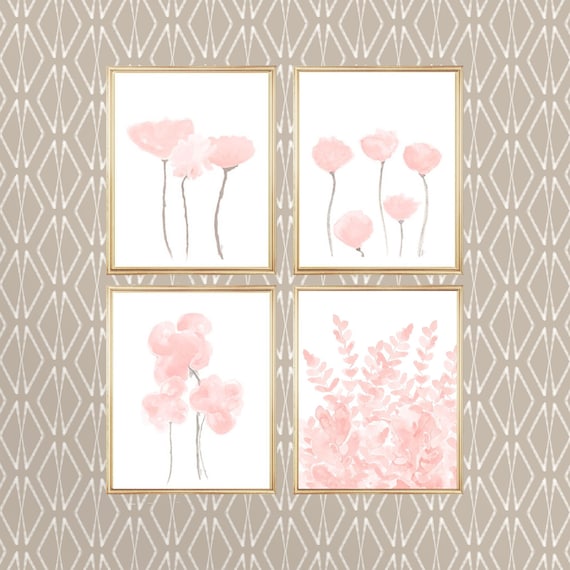 Blush Flowers Gallery Wall, Set of 4 Watercolor Prints
