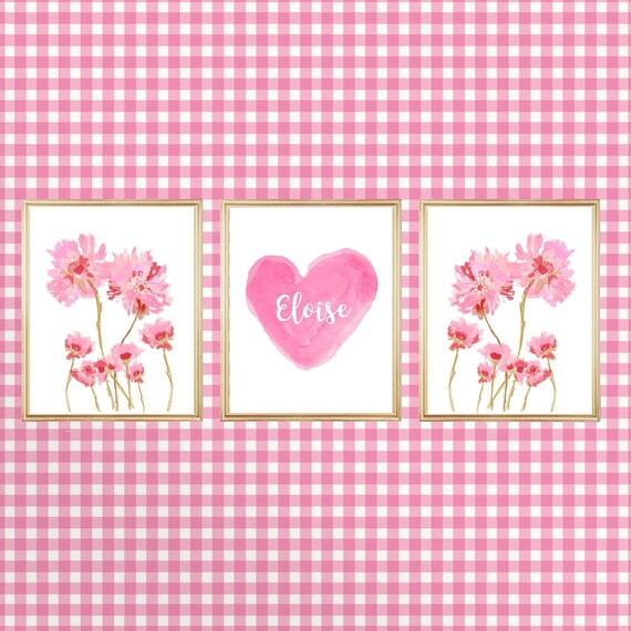 Hot Pink Wildflowers Wall Decor with Personalized Name, Set of 3