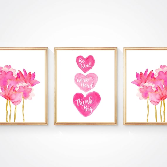 Hot Pink and Gold Girls Wall Art, Be Kind, Work Hard, Think Big, Set of 3, Inspirational Prints