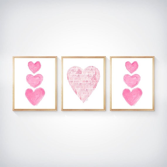 Pretty Pink Heart Prints for Little Girls Bedroom; Set of 3