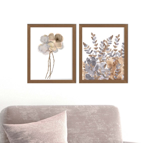 Gold and Gray Wall Decor, Set of 2-16x20 or 18x24 Watercolor Floral Prints