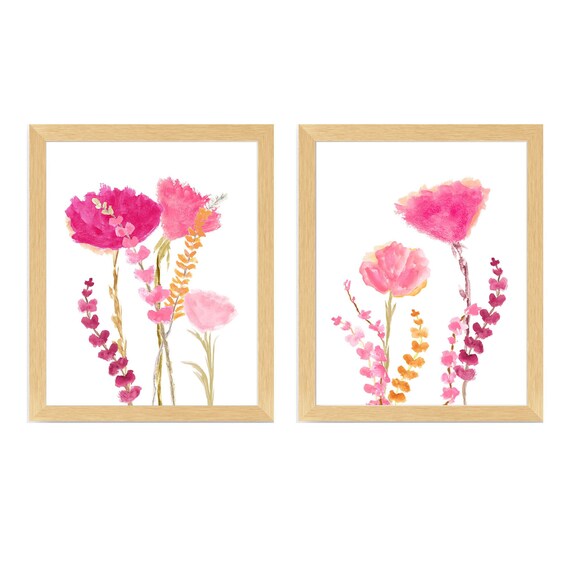 Vibrant Pink Floral Garden Wall Art, Set of 2 Prints