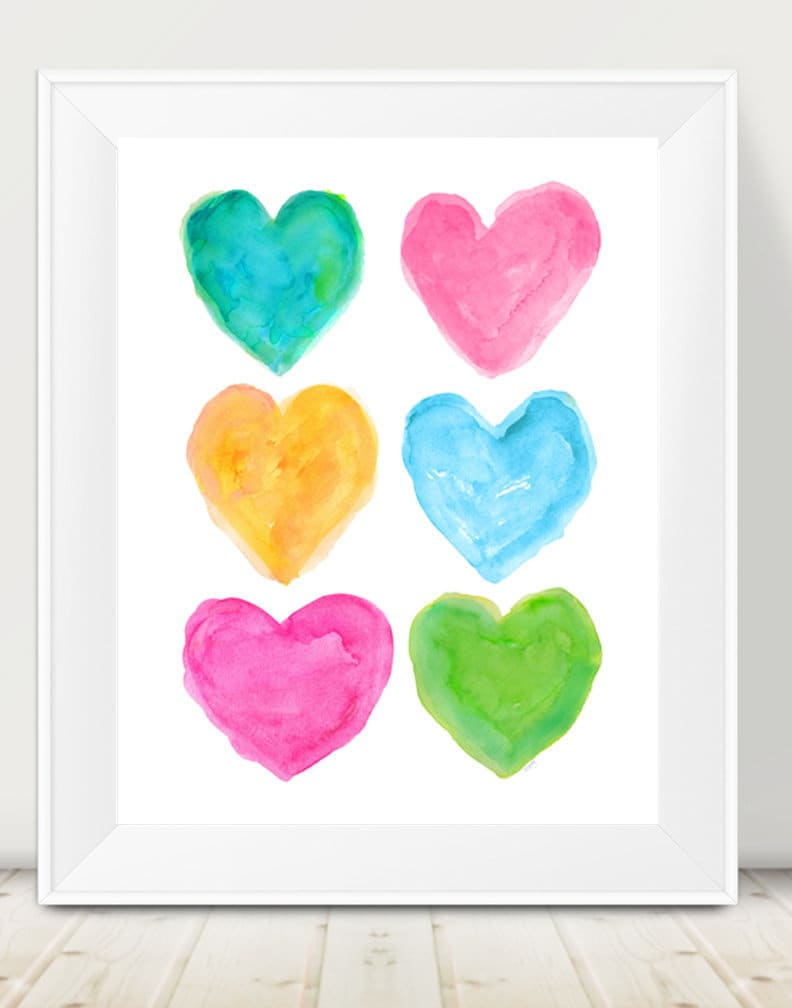 Preppy Wall Decor, Bright Watercolor Hearts Art Print