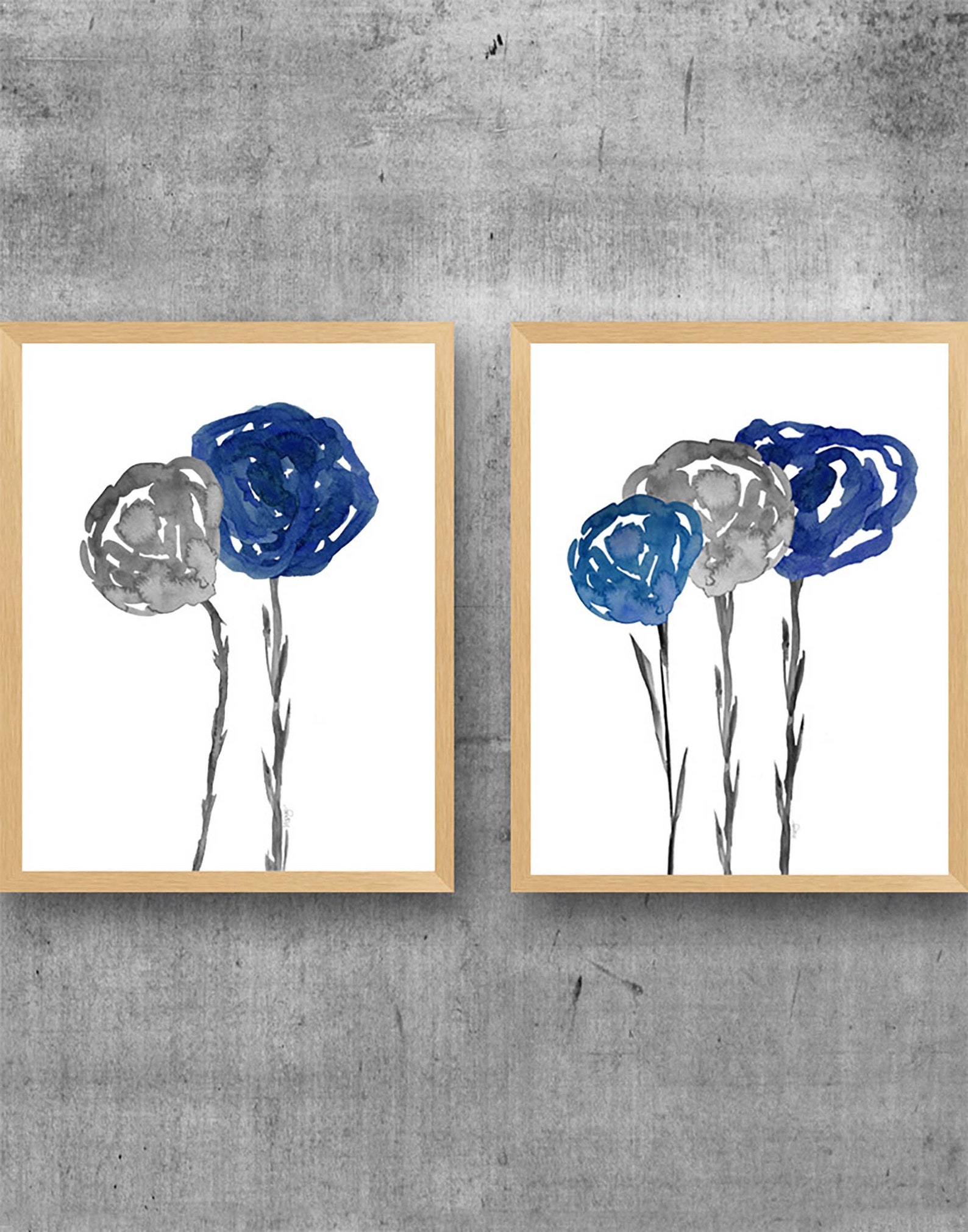 Floral Wall Art Navy and Gray Art Wall Set of 2 Navy and Etsy