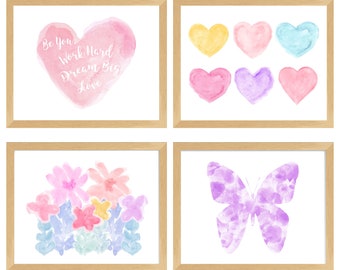 Pastel Inspirational Gallery Wall with Butterfly and Hearts Prints, Set of 4, Pastel Bedroom Prints, Pastel Wall Art, Butterfly Artwork