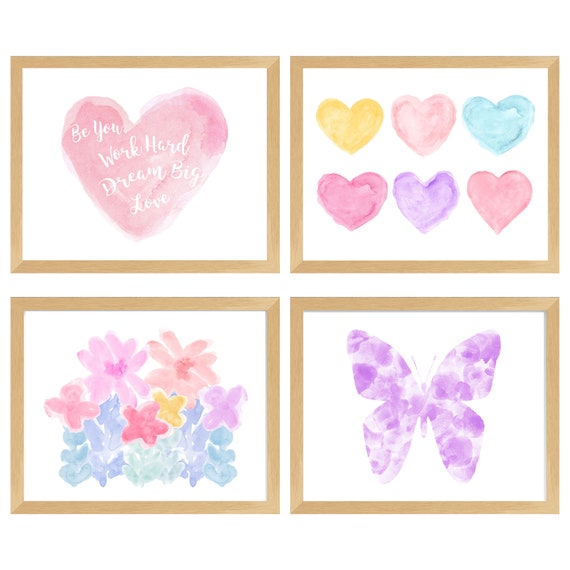 Pastel Inspirational Gallery Wall with Butterfly and Hearts Prints, Set of 4, for Girls Bedroom