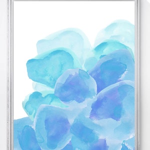 May include: Abstract watercolor painting in shades of blue and turquoise. The painting features a cluster of overlapping, organic shapes that resemble clouds or water droplets. The background is white.