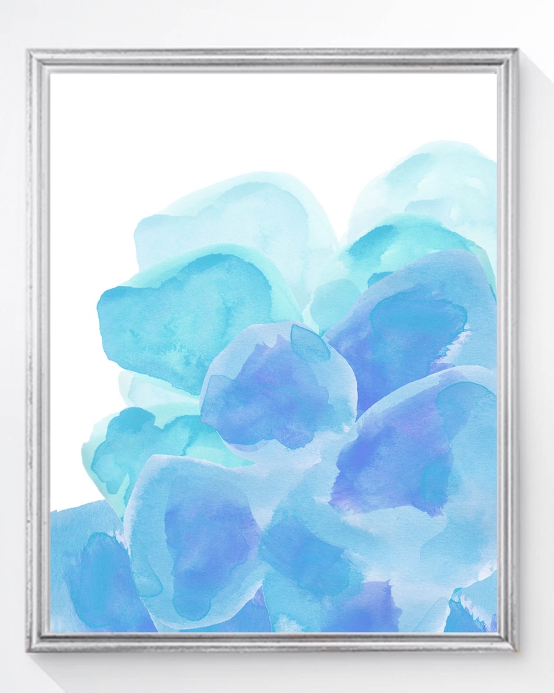 May include: Abstract watercolor painting in shades of blue and turquoise. The painting features a cluster of overlapping, organic shapes that resemble clouds or water droplets. The background is white.