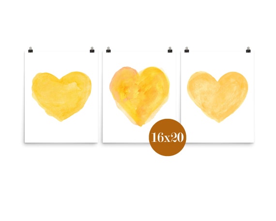 Yellow Wall Decor, 16x20 Set of 3 Hearts Prints in 16x20